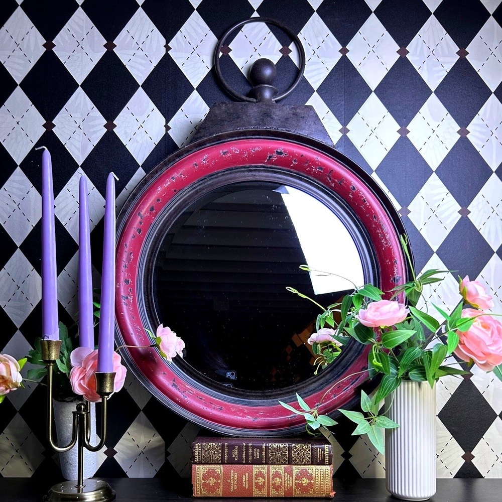 Oversized Industrial Round Mirror Distressed Berry Metal Wall Accent 24"